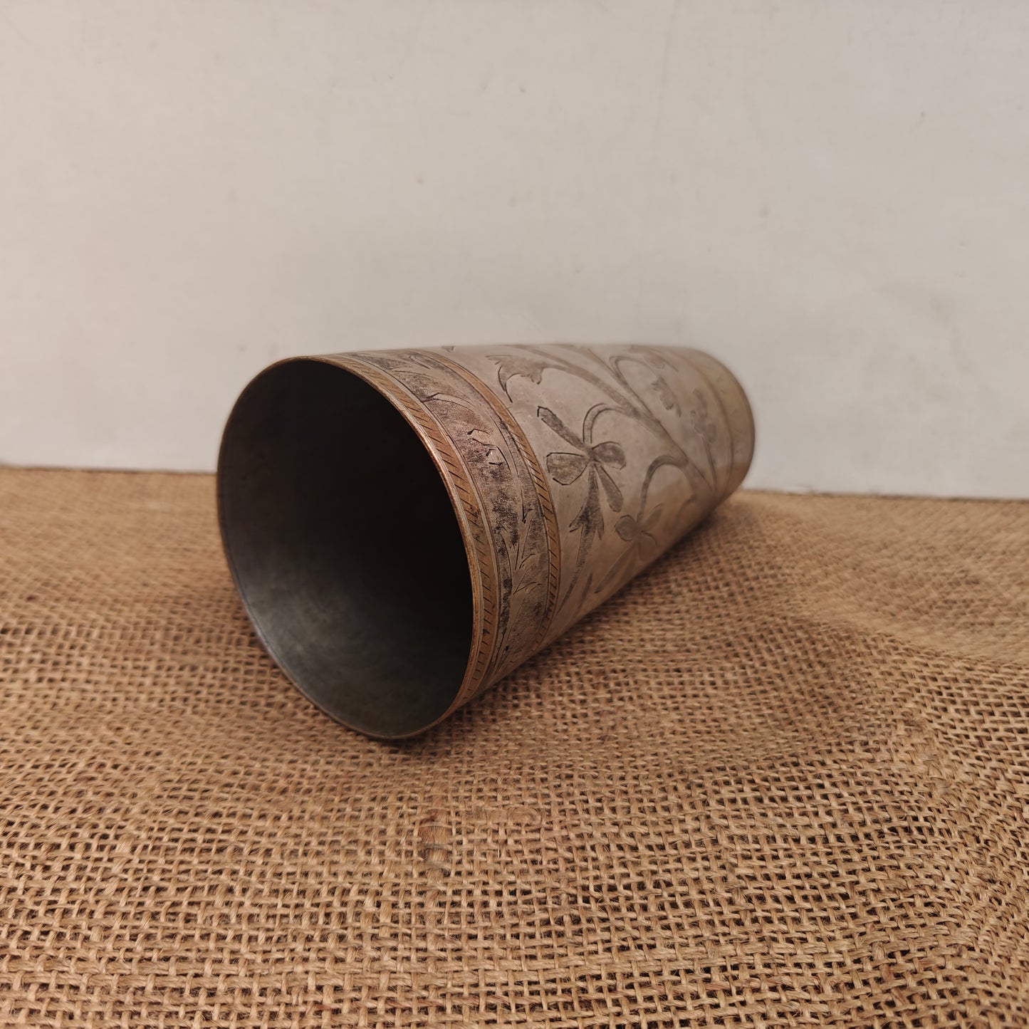 Vintage Brass Lassi Glass | Hand-Engraved Floral Motifs | Antique Indian Brassware | 9x9x15 Cms.