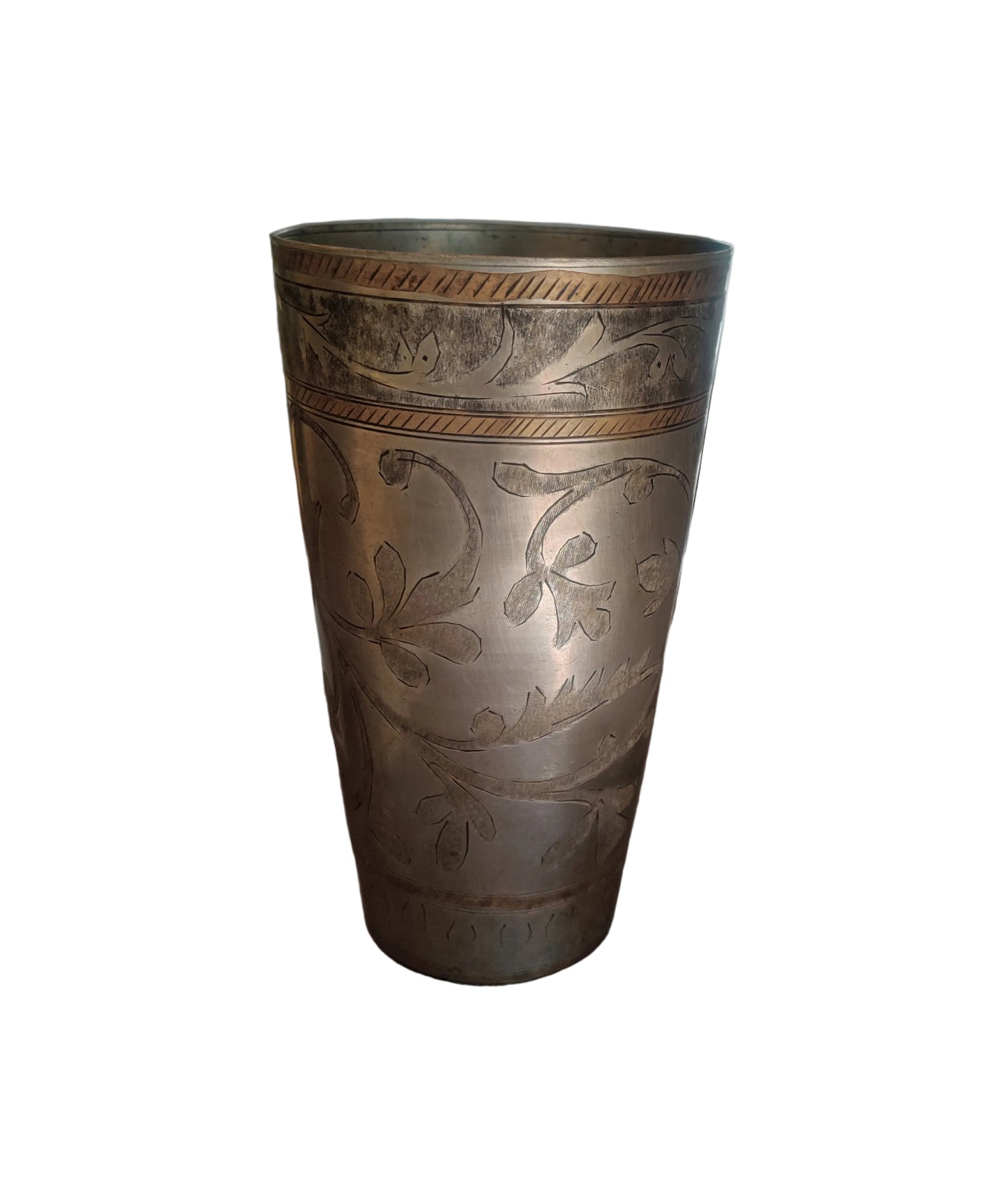 Vintage brass tumbler with natural aged patina, approximately 60 years old