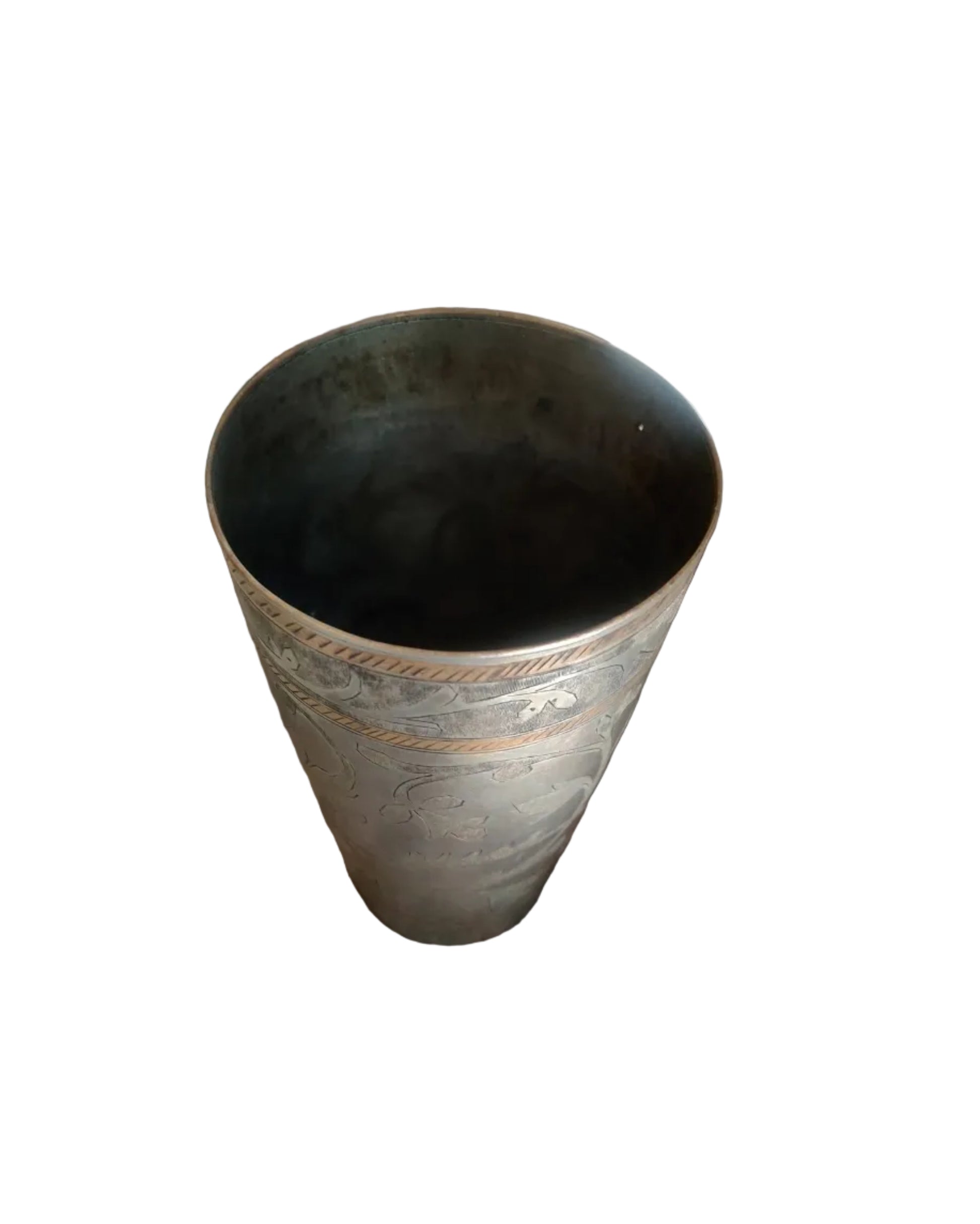 Decorative engraved band near rim of vintage brass tumbler