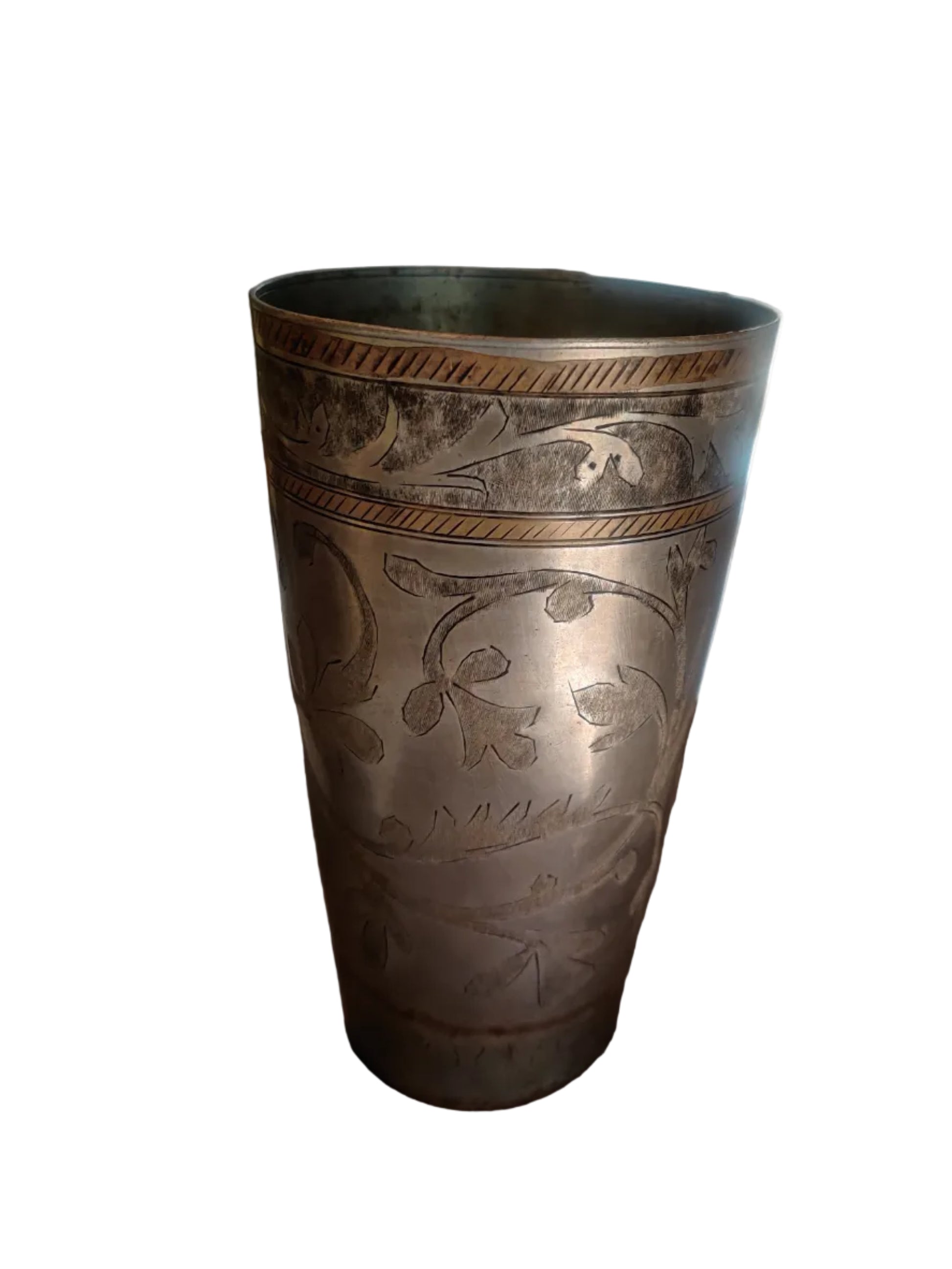 Antique Indian brass tumbler, 3.5x3.5x6 inch, natural patina.