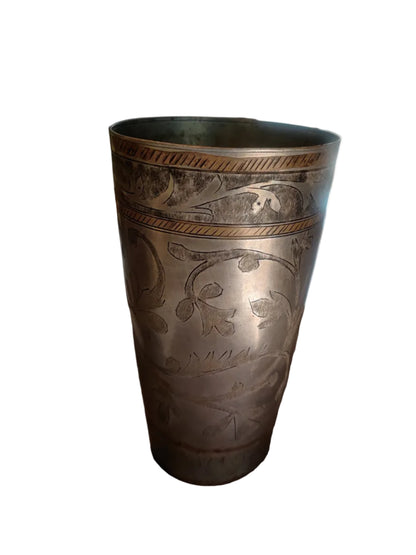 Antique Indian brass tumbler, 3.5x3.5x6 inch, natural patina.