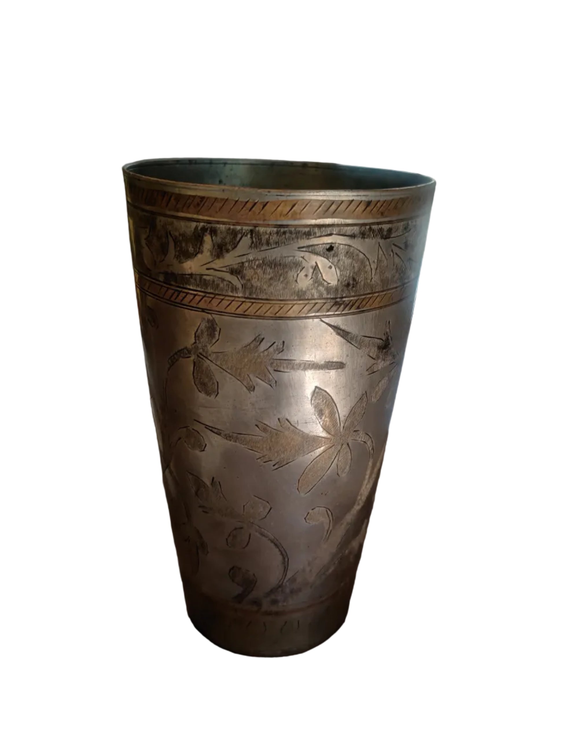 Antique Indian brass tumbler, 3.5x3.5x6 inch, natural patina