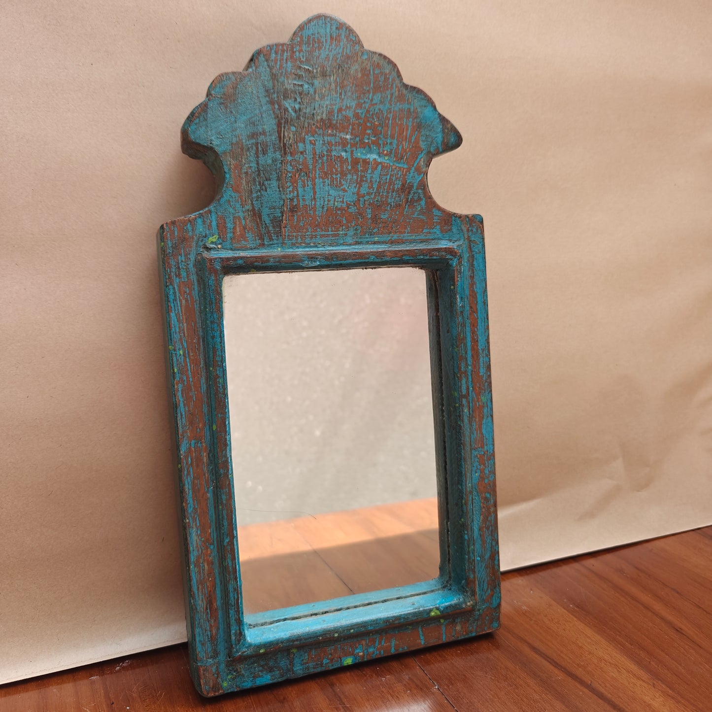 Vintage distressed blue crown-top mirror, 30.5 x 15 cm, front view