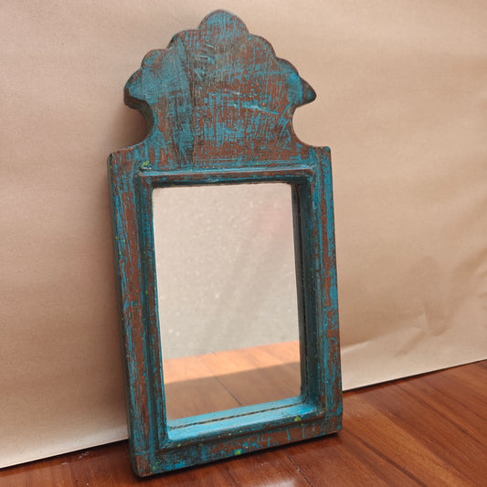 Vintage distressed blue crown-top mirror, 30.5 x 15 cm, front view