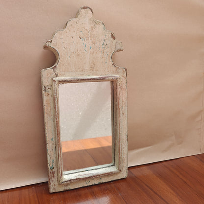 Vintage distressed ivory crown-top mirror, 33 x 16 cm, front view