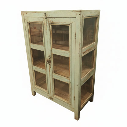 Antique mint blue painted glass cabinet with iron latch hardware — full front view showing three shelves

