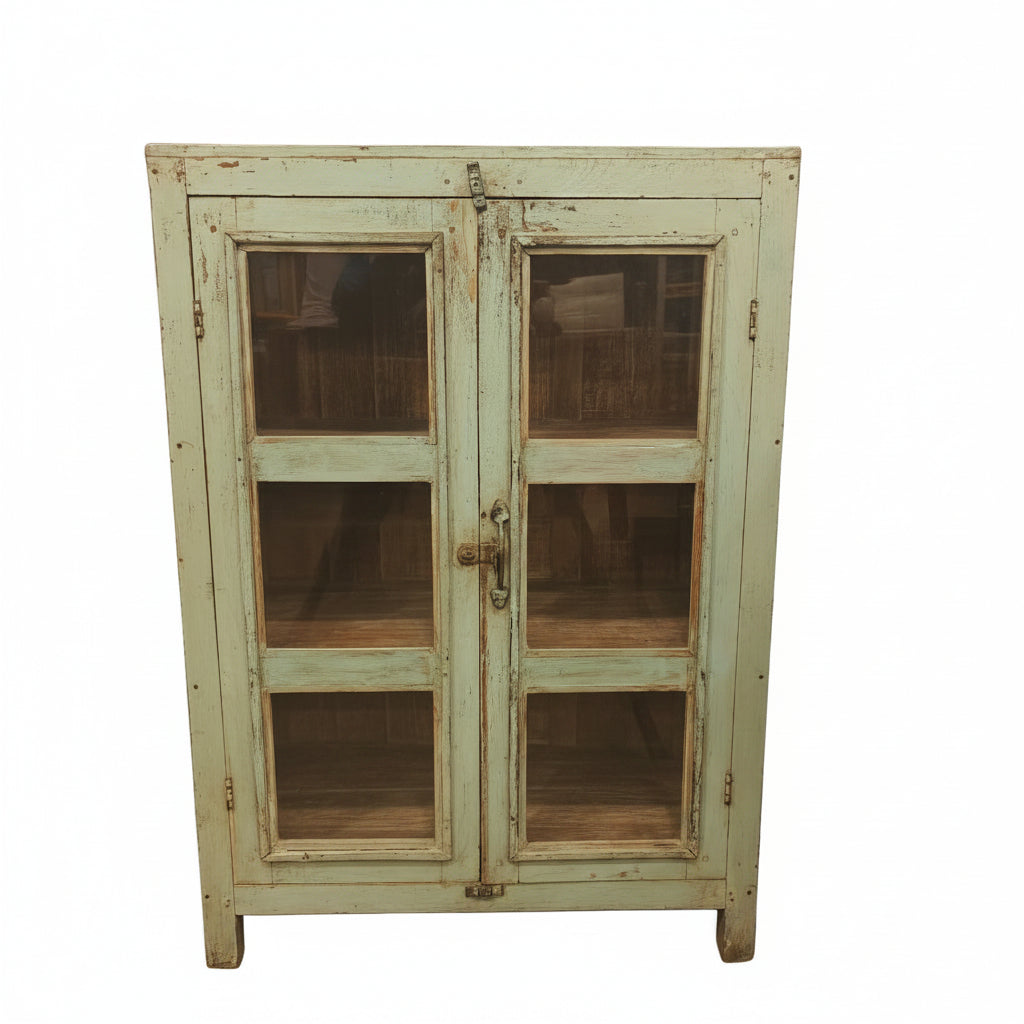 Vintage distressed mint blue glass display cabinet — three-quarter angle view showing side panels and top display