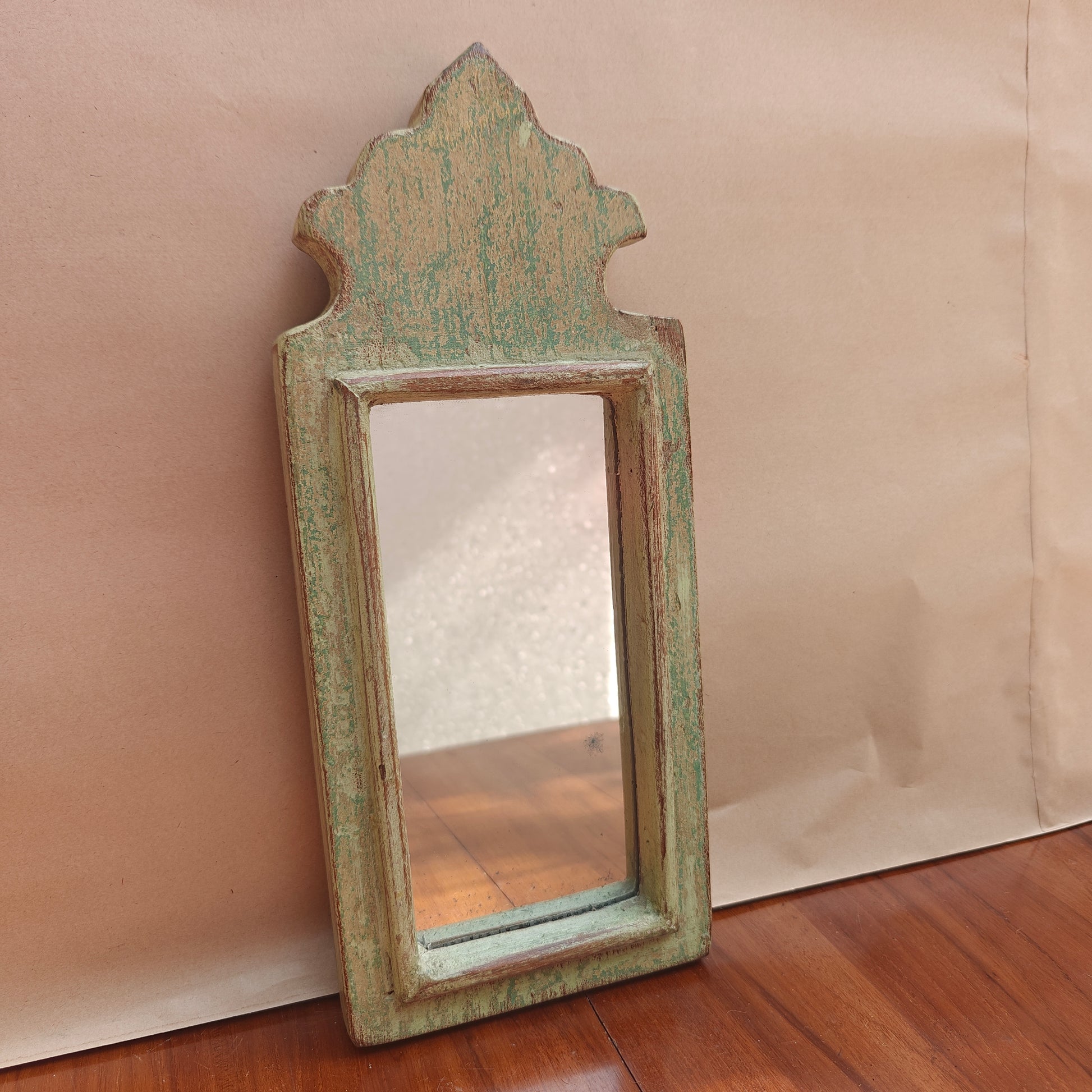 Vintage distressed mint crown-top mirror, 31.5 x 14 cm, front view