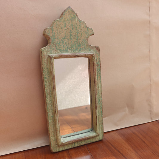 Vintage distressed mint crown-top mirror, 31.5 x 14 cm, front view