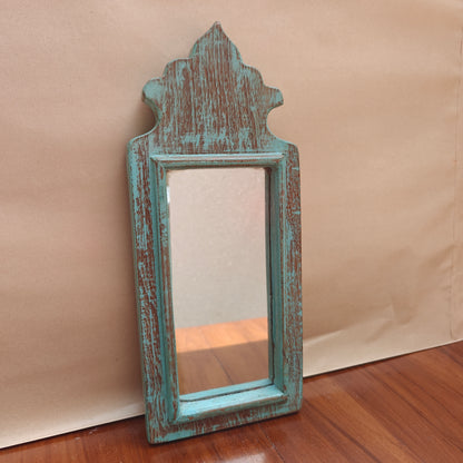 Vintage distressed teal crown-top mirror, 33 x 14.5 cm, front view