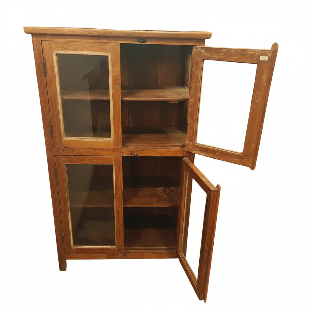 Antique Indian four-door teak glass cabinet with all doors open showing upper and lower shelving compartments — Timeless Treasures collection