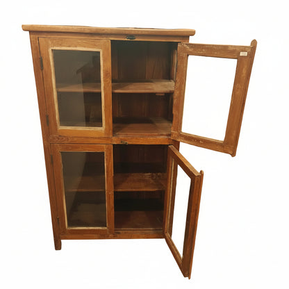 Antique Indian four-door teak glass cabinet with all doors open showing upper and lower shelving compartments — Timeless Treasures collection
