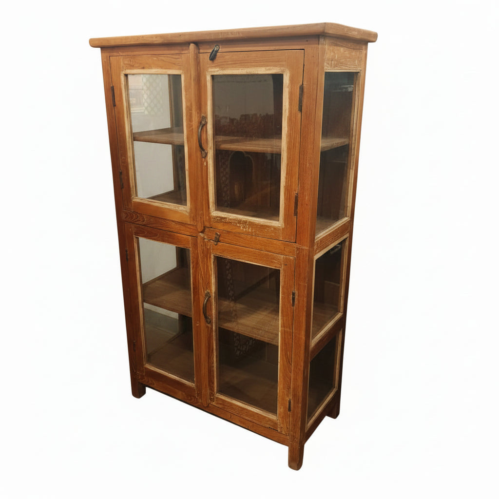 Antique Indian four-door teak glass cabinet with all doors open showing upper and lower shelving compartments — Timeless Treasures collection
