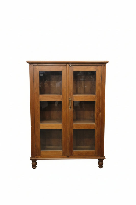 Antique Indian wooden glass cabinet — side angle view showing slim profile