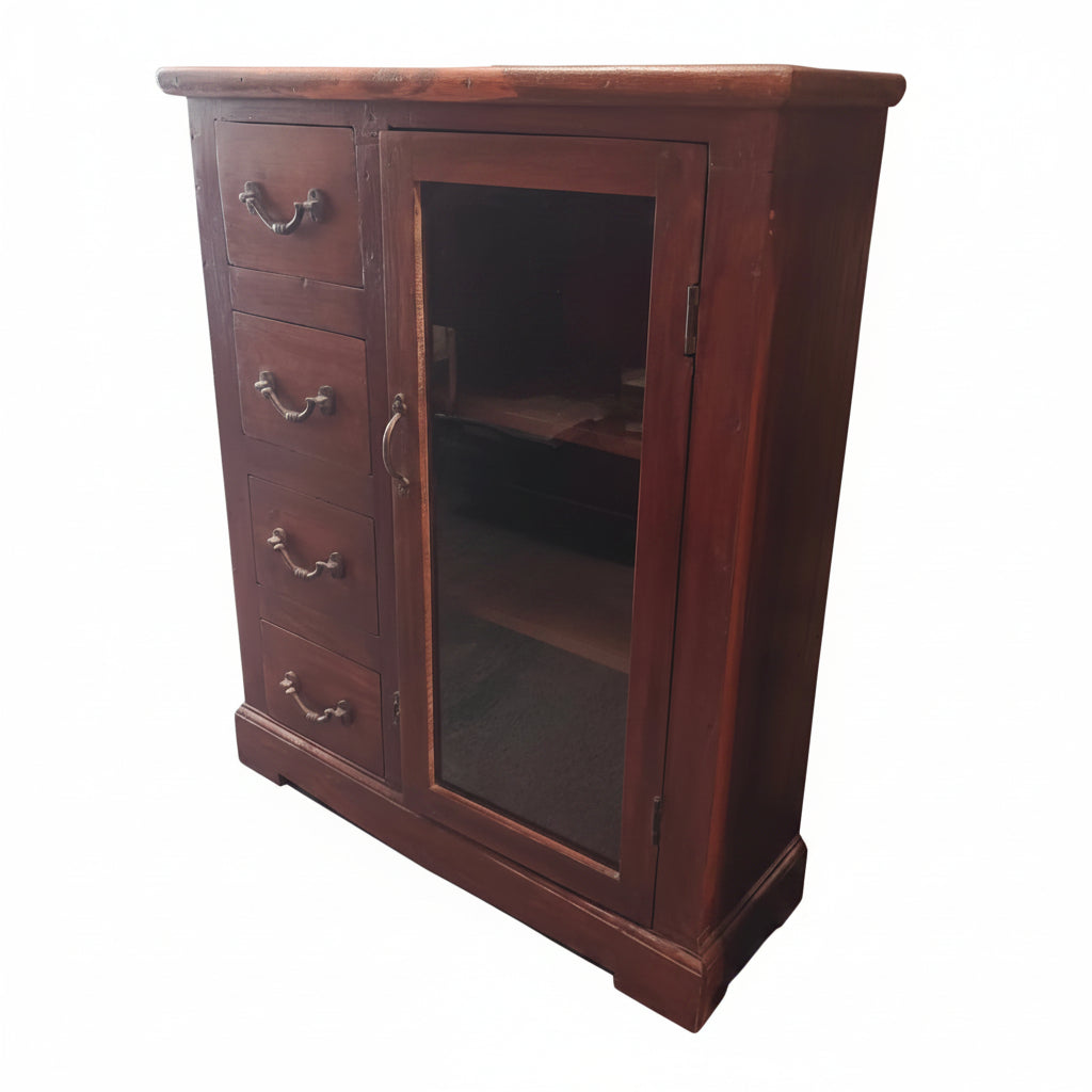 Antique Indian dark wood sideboard cabinet with four drawers and single glass door — full front view, Poonam Backliwal

