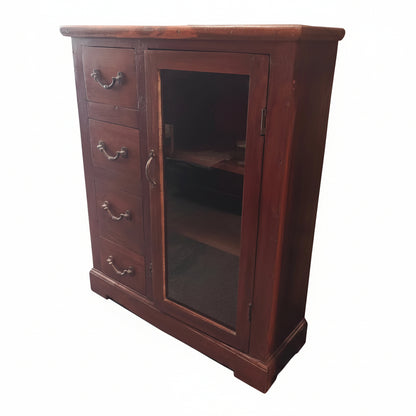 Antique Indian dark wood sideboard cabinet with four drawers and single glass door — full front view, Poonam Backliwal

