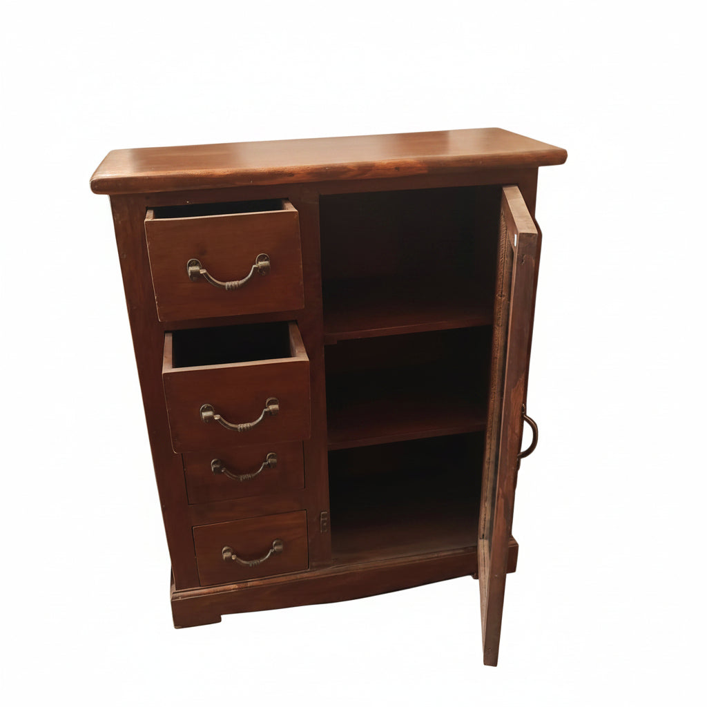 Antique Indian dark wood sideboard cabinet with four drawers and single glass door — full front view, Poonam Backliwal

