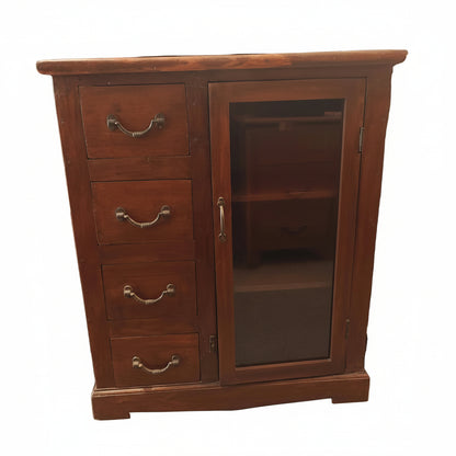 Vintage Indian solid wood cabinet with four drawers open and glass door ajar showing three interior shelves — Timeless Treasures, Poonam Backliwal
