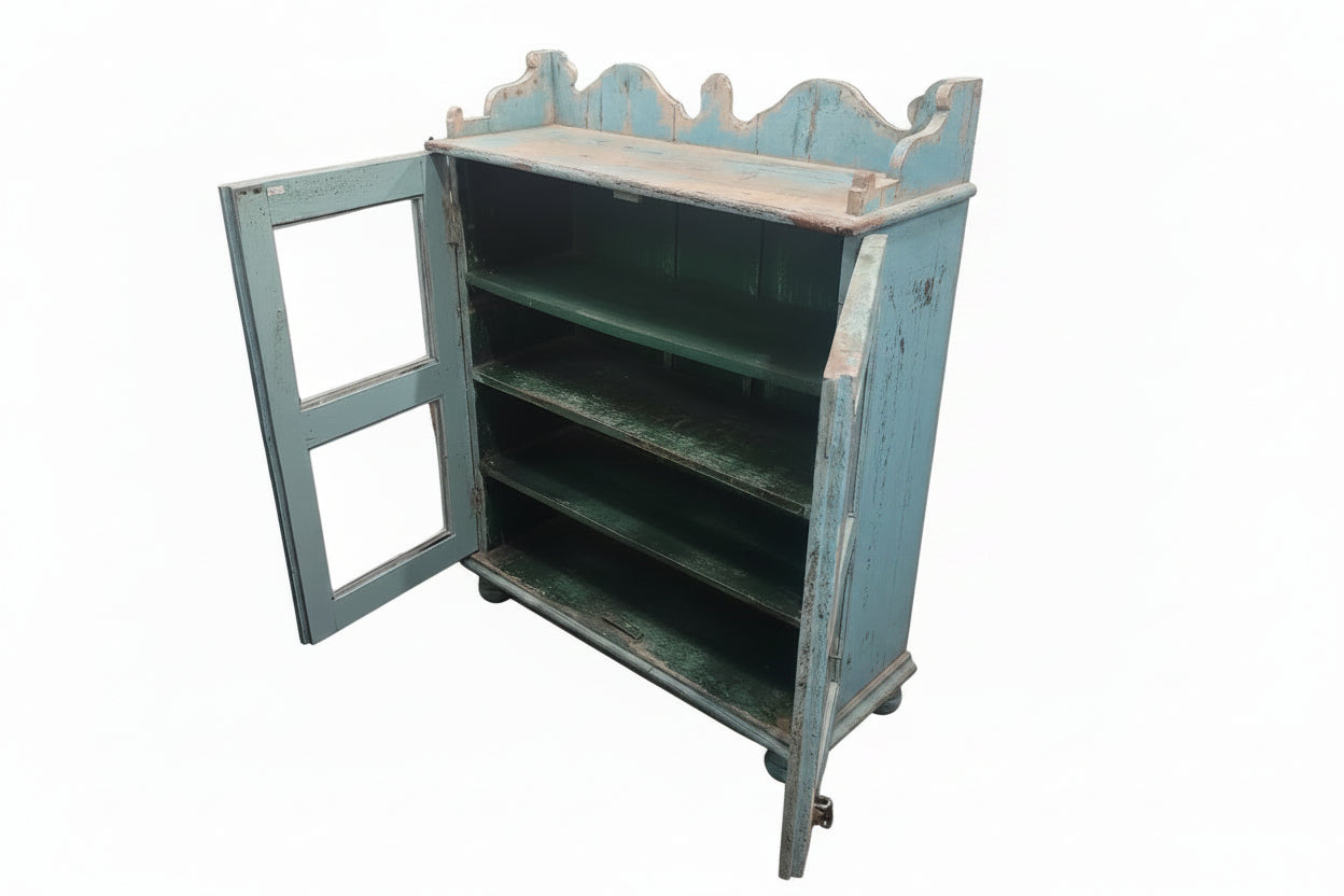 Vintage antique Jodhpur blue heavily distressed glass cabinet with scalloped gallery top, iron ring pulls and ball feet — Timeless Treasures collection, Poonam Backliwal