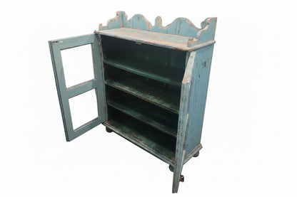 Vintage antique Jodhpur blue heavily distressed glass cabinet with scalloped gallery top, iron ring pulls and ball feet — Timeless Treasures collection, Poonam Backliwal
