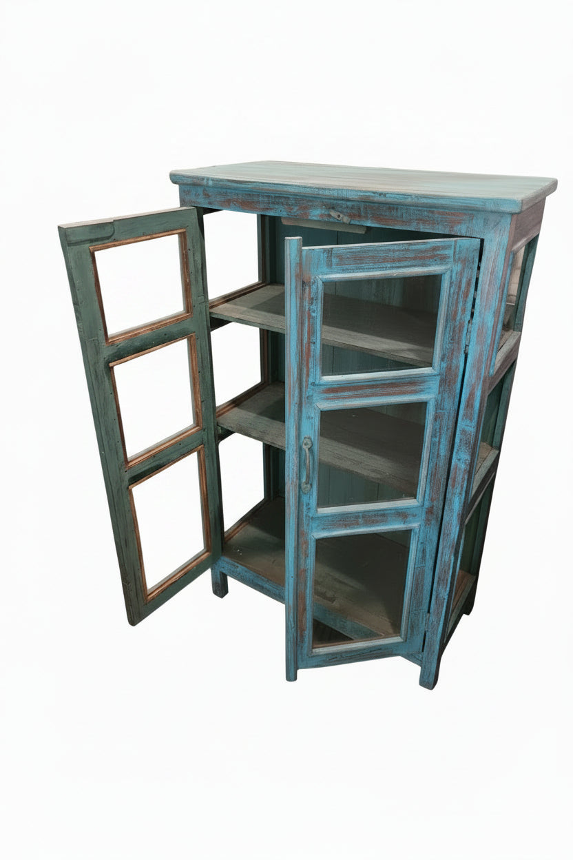 Vintage Indian peacock blue heavily distressed glass cabinet with iron latch — full front view, Timeless Treasures collection