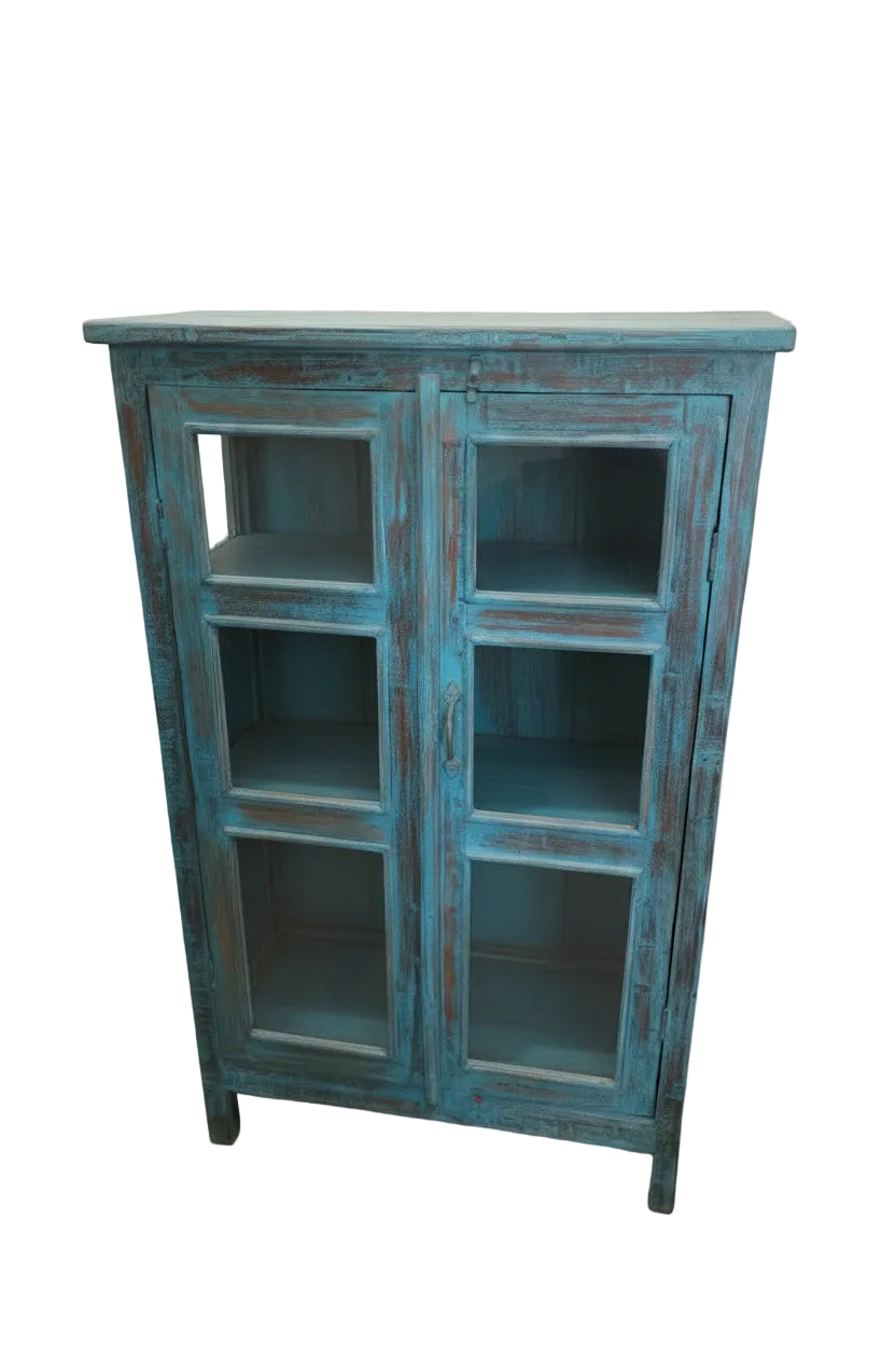 Vintage peacock blue distressed glass cabinet with doors open showing three solid wood shelves — Timeless Treasures, Poonam Backliwal

