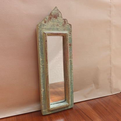 Vintage distressed sage green crown-top mirror, 33 x 10 cm, front view