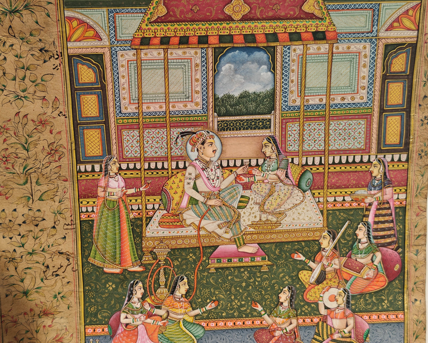 Vintage Mughal Miniature Court Scene | Royal Couple with Musicians | Gold Accents | 8.75x13 inch