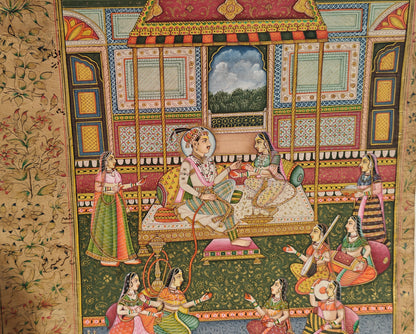 Vintage Mughal Miniature Court Scene | Royal Couple with Musicians | Gold Accents | 8.75x13 inch