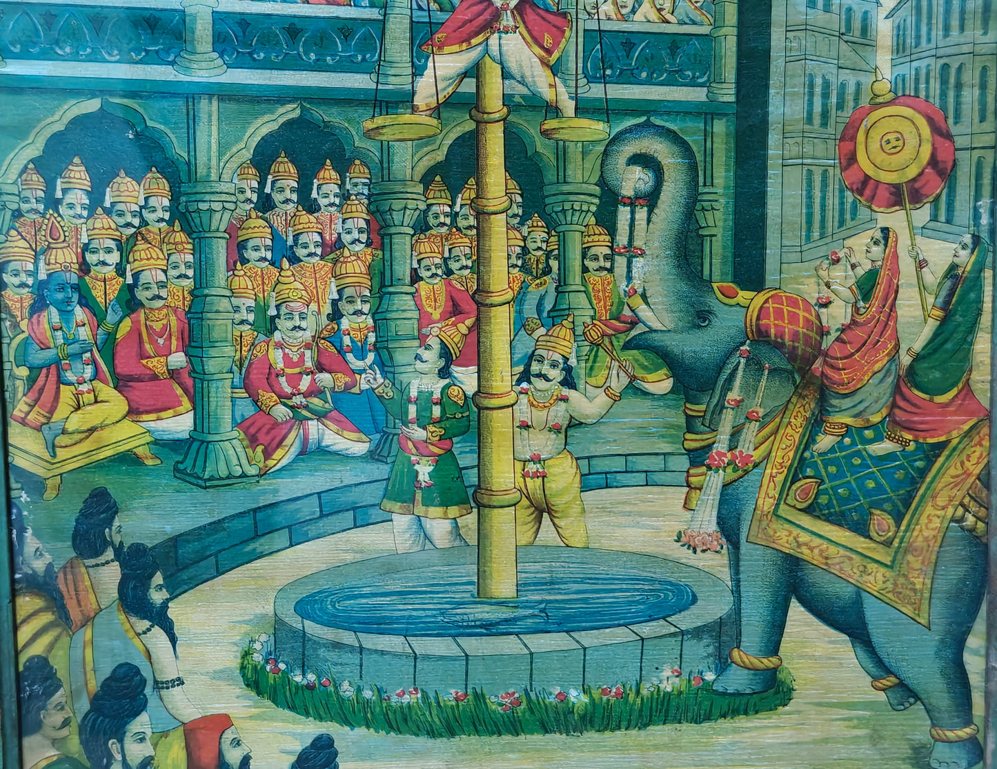 Vintage Oleograph | Matsya Vedha Mahabharata | Arjuna Wins Draupadi | Teal Frame | 10x14 inch