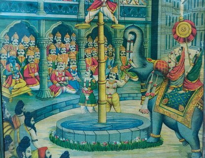 Vintage Oleograph | Matsya Vedha Mahabharata | Arjuna Wins Draupadi | Teal Frame | 10x14 inch