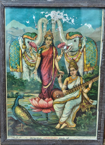 Vintage Oleograph | Goddess Saraswati & Lakshmi | Wisdom & Prosperity | Framed | 10x14 inch