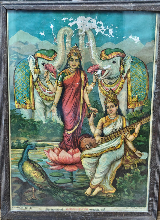 Vintage Oleograph | Goddess Saraswati & Lakshmi | Wisdom & Prosperity | Framed | 10x14 inch