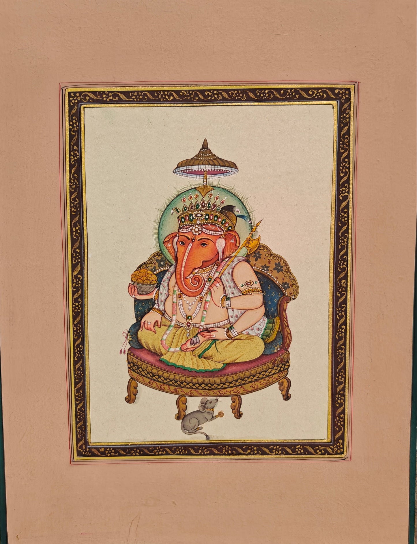 Hand-Painted Lord Ganesha Miniature Painting | Seated with Mouse & Ornaments | 8x10.5 inch