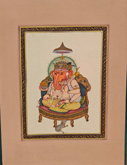 Hand-Painted Lord Ganesha Miniature Painting | Seated with Mouse & Ornaments | 8x10.5 inch