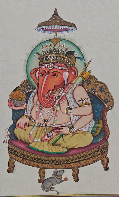 Hand-Painted Lord Ganesha Miniature Painting | Seated with Mouse & Ornaments | 8x10.5 inch