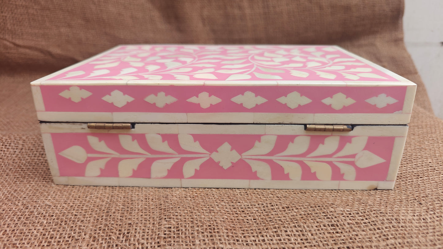 Bone Inlay Floral Box | Pink Resin | Handcrafted Jewellery & Keepsake Box | 10x7 inch