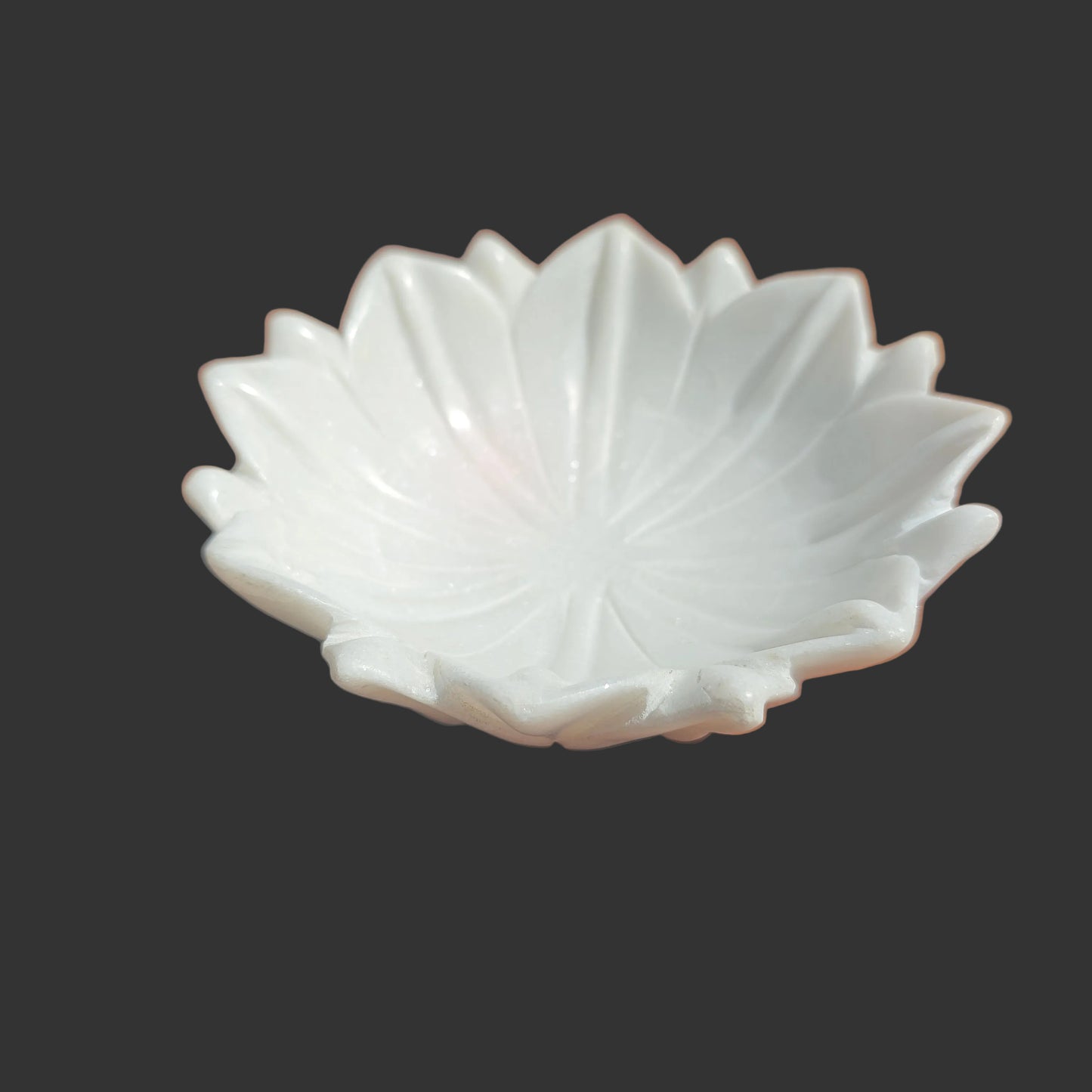 White marble chrysanthemum bowl close up hand-carved petals Rajasthan