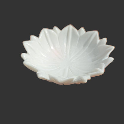 White marble chrysanthemum bowl close up hand-carved petals Rajasthan