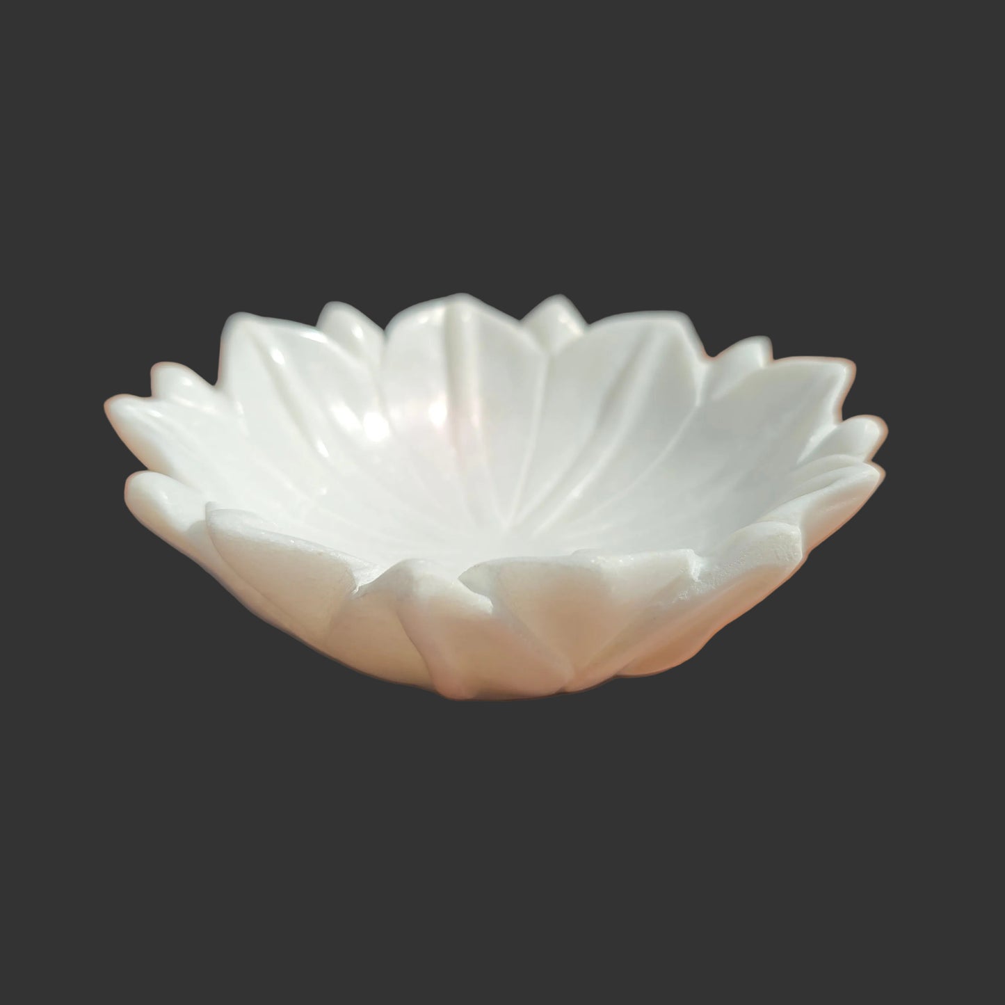 White marble chrysanthemum bowl top view intricate petal design Rajasthan