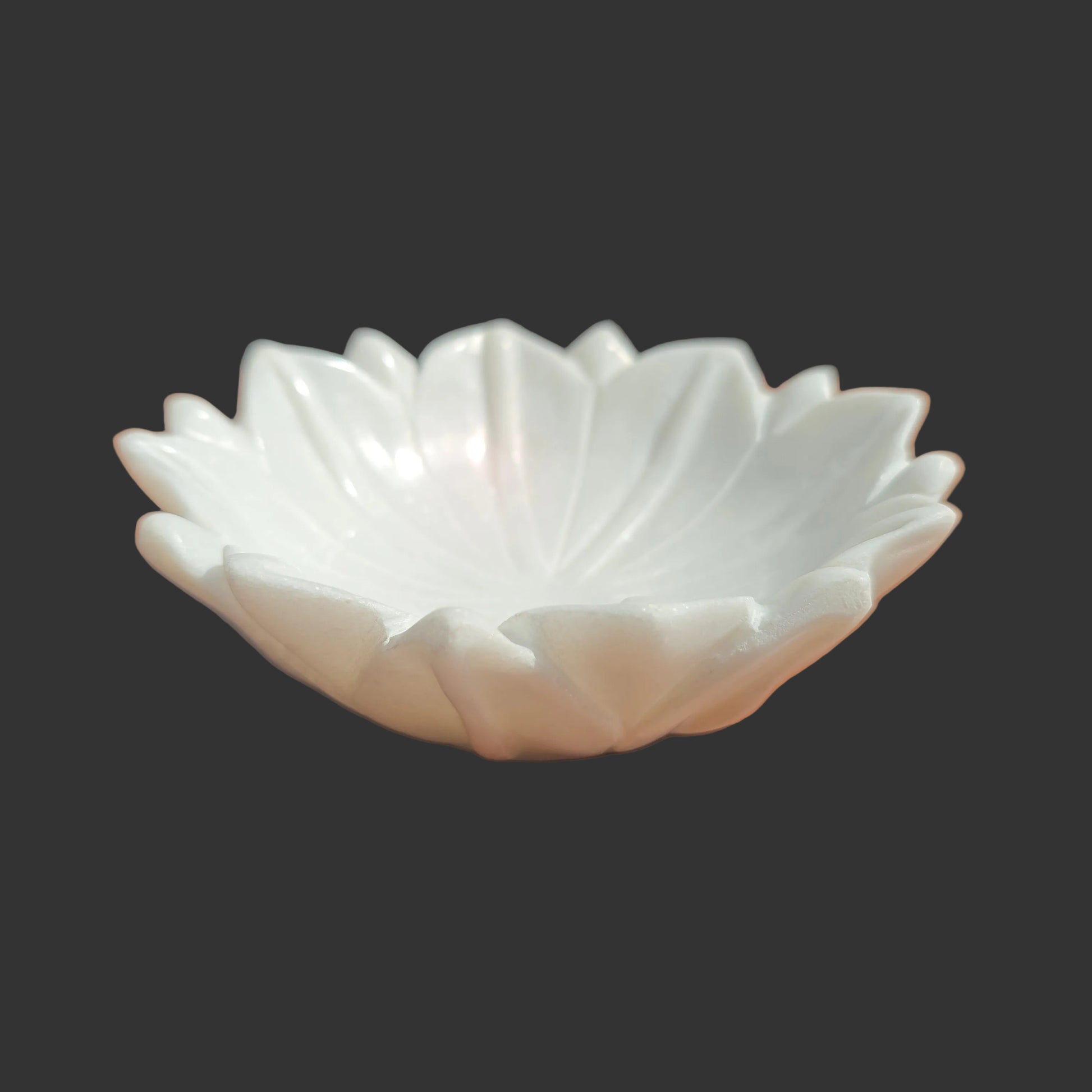 White marble chrysanthemum bowl top view intricate petal design Rajasthan