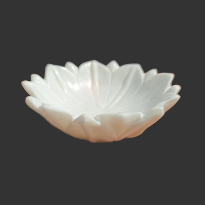 White marble chrysanthemum bowl top view intricate petal design Rajasthan