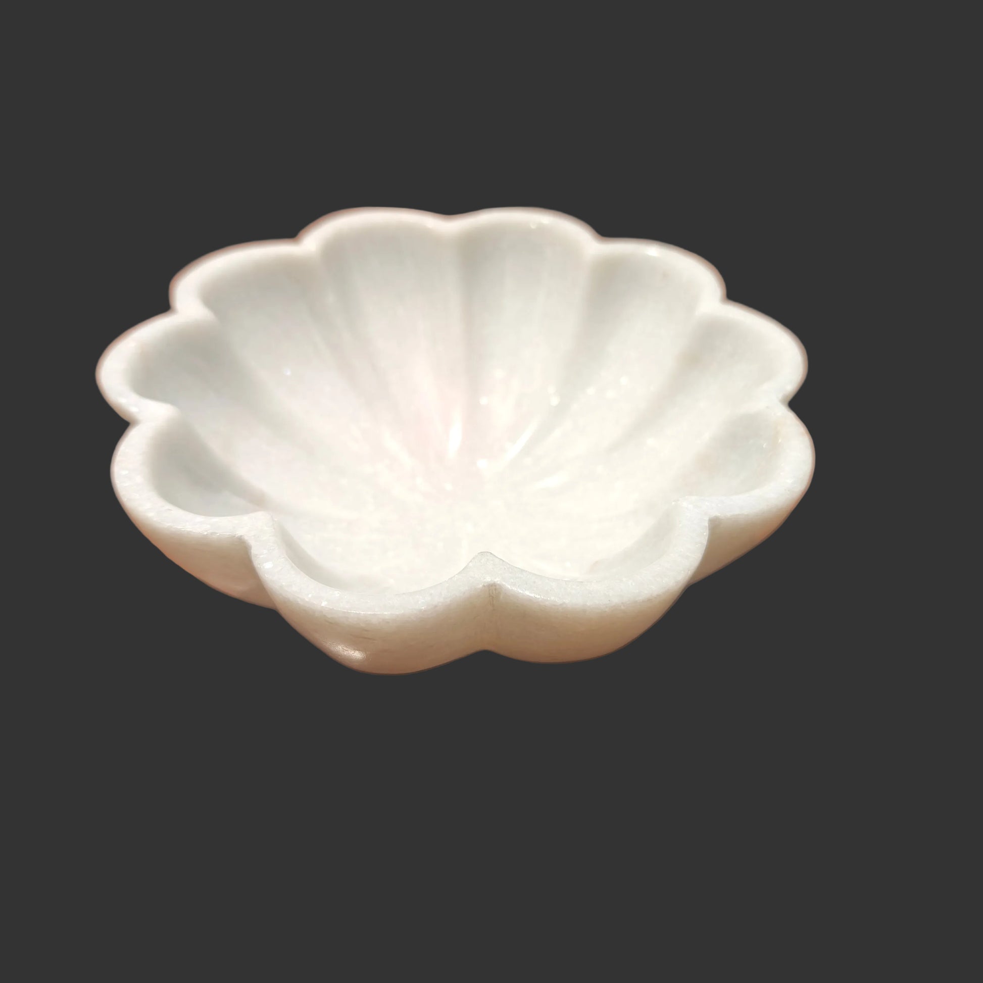 White marble flower bowl side view wavy scalloped edge design