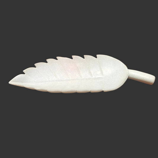 White marble leaf plate hand-carved serrated edge decorative puja and serving tray 15x5x2 inch