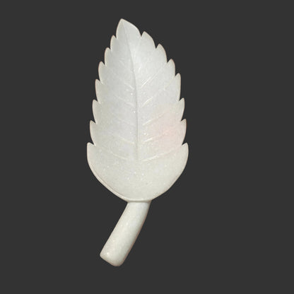 White marble leaf plate side view long narrow form with stem handle