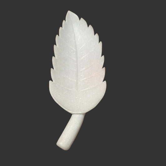 White marble leaf plate side view long narrow form with stem handle