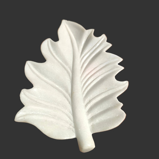 White marble leaf tray hand-carved vein detail decorative puja and fruit plate 13x8.25x1.5 inch