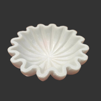 White marble shell bowl 6 inch side view scalloped petal design