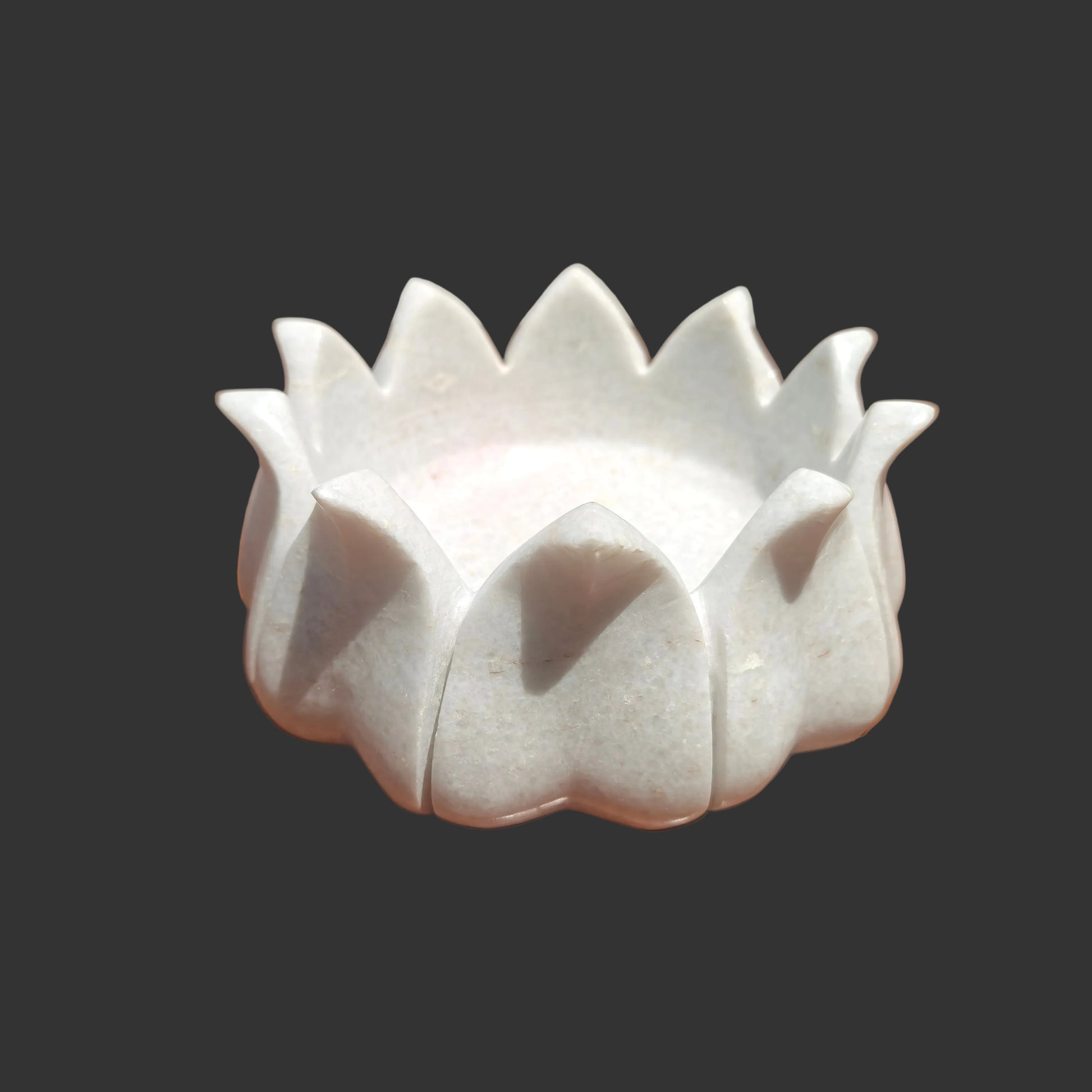 White marble deep lotus bowl hand-carved upright petals puja and flower offering bowl 7x7x3 inch