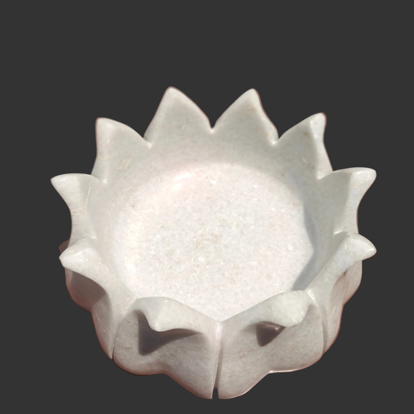 White marble deep lotus bowl side view tall upright petal design